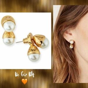 🆕 Tory Burch Authentic Unique Double Pearl With Logo Stud Earrings